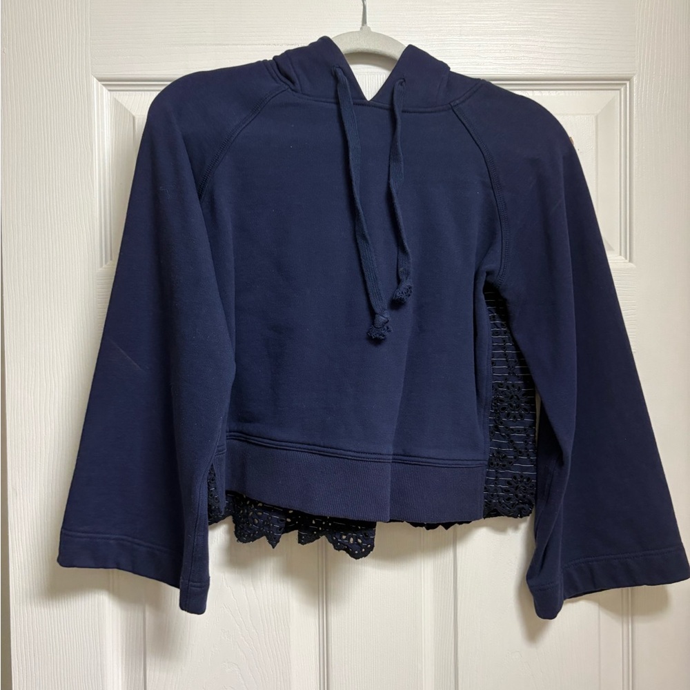Sea Navy Blue Hooded Sweatshirt with Crochet Hem